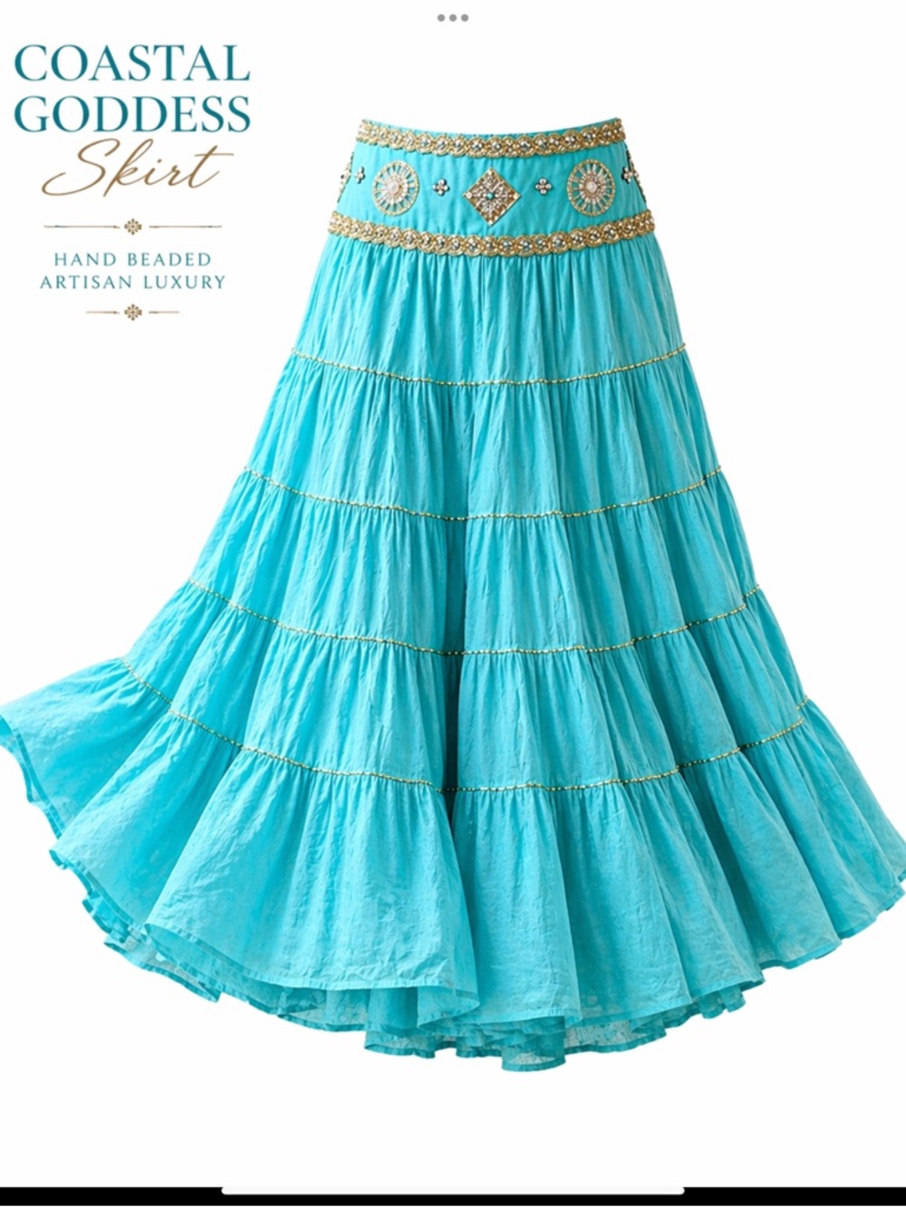 A.B.S Allen Schwartz Hand Beaded Turquoise Cotton Maxi Skirt Boho Resort